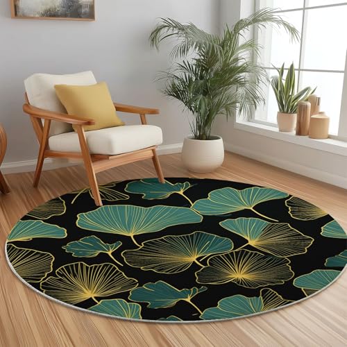 Weich Teppich Rund 180 cm Natur Ginkgoblätter Linien, Waschbar rutschfest Wohnzimmerteppich Robuster Flauschiger Rund Teppiche Grün Bedruckt Teppich Für Esszimmer Schlafzimmer von Generic