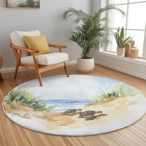 Weich Teppich Rund 180 cm Natur Schildkröten Strand, Waschbar rutschfest Wohnzimmerteppich Robuster Flauschiger Rund Teppiche Blau Bedruckt Teppich Für Esszimmer Schlafzimmer von Generic