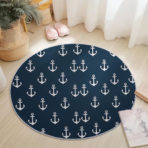Weich und flauschig Teppich rund 60cm, Einfach Stil rutschfest waschbar Restaurantteppich Nautisch Mode Ozean bedruckter Teppich für Wohnzimmer Schlafzimmer Küche Marineblau von Generic