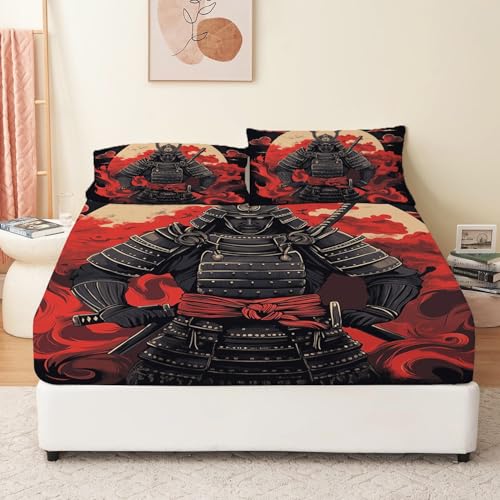 Weiche Atmungsaktivem Rot Bedruckte Spannbettlaken Bis 30 cm Hohe Matratzen Tiefe Tasche Microfaser Motiv Japanischer Retro-Samurai Spannbetttuch 160 x 200 cm Mikrofaser Spannbetttuch von Generic