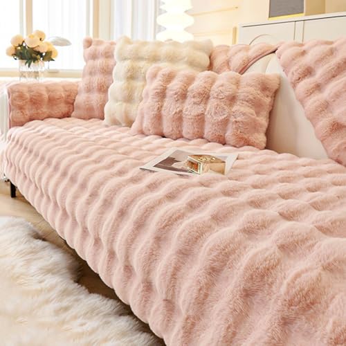 Weiche Plüsch Sofabezug Waschbar - Neue rutschfeste Sofa überzug 1 2 3 4 Sitzer Couch überzug, Kaninchen Plüsch Sofa Sitzkissenbezug L Form Möbelschutz für Sektionssofa(Pink,90 * 180cm) von Generic