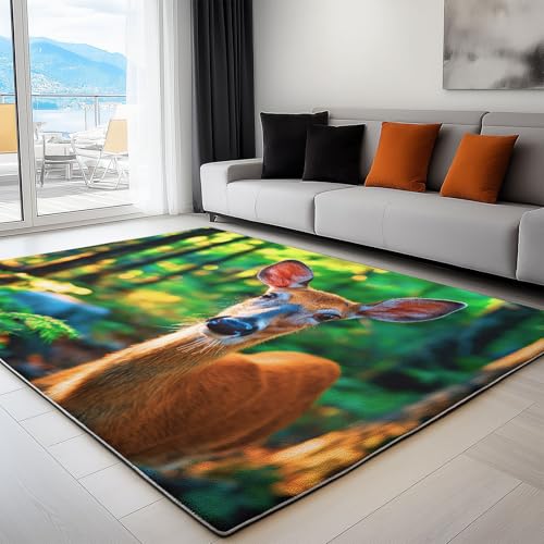 Weicher Teppich mit Natur Tiere Hirsch Gedrucktes Muster, Anti-Rutsch Unterseite, Teppich Wohnzimmer Waschbarer 140 x 200 cm, Pflegeleicht Grün Teppiche Weicher Teppich mit Natur Tiere Hirsch Gedrucktes Muster, Anti-Rutsch Unterseite, Teppich Wohnzimmer Waschbarer 140 x 200 cm, Pflegeleicht Grün Teppiche von Generic