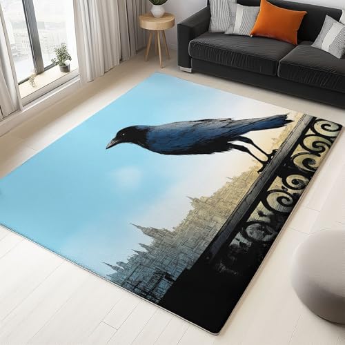 Weicher Teppich mit Natur Tiere Schwarze Krähe Gedrucktes Muster, 140 x 200 cm Waschbarer Hellblau Teppich für Wohnzimmer mit Anti-Rutsch-Unterseite - pflegeleicht von Generic