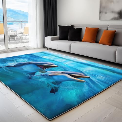 Weicher Teppich mit Surrealismus Realistisch Tier Delfin Gedrucktes Muster, Anti-Rutsch Unterseite, Teppich Wohnzimmer Waschbarer 140 x 200 cm, Pflegeleicht Blau Teppiche Weicher Teppich mit Surrealismus Realistisch Tier Delfin Gedrucktes Muster, Anti-Rutsch Unterseite, Teppich Wohnzimmer Waschbarer 140 x 200 cm, Pflegeleicht Blau Teppiche von Generic