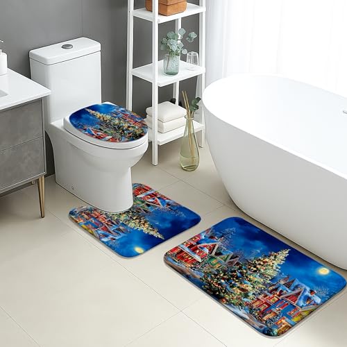 Weihnachts-Badematten-Set, 3-teilig, gemütliche Winter-Szene, saugfähig, rutschfest, WC-Vorleger, U-förmig, waschbar, festlich, schnell trocknend, Flanell-Badezimmerteppich-Set Weihnachts-Badematten-Set, 3-teilig, gemütliche Winter-Szene, saugfähig, rutschfest, WC-Vorleger, U-förmig, waschbar, festlich, schnell trocknend, Flanell-Badezimmerteppich-Set von Generic