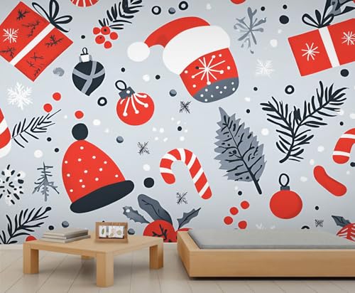 Weihnachts Tapeten Weihnachtsmannmütze Tapete Schlafzimmer Zuckerstange Wandbilder für Wohnzimmer Stechpalmenzweig Dekorative Tapete Zimmer Wandbild Poster 490X350cm von Generic