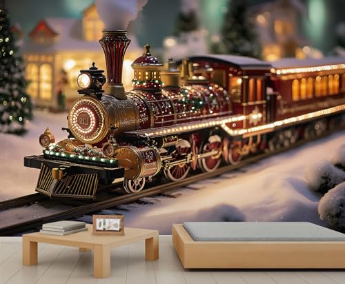 Weihnachts Tapeten Zug Wandbild Tapete Schneelandschaft Tapete Mädchenzimmer Stadthaus Tapeten für Mädchen Schlafzimmer Wohnzimmer Wandbild Poster 500X350cm von Generic