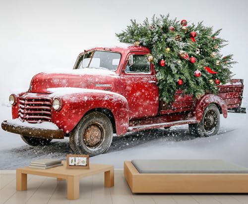 Weihnachts Wandbilder Rote Vintage Lkw Tapete Weihnachtsbaum Art Deco Tapete Winterschneelandschaft Schlafzimmer Tapeten für Schlafzimmer Wohnzimmer Wandbild Poster 500X350cm von Generic