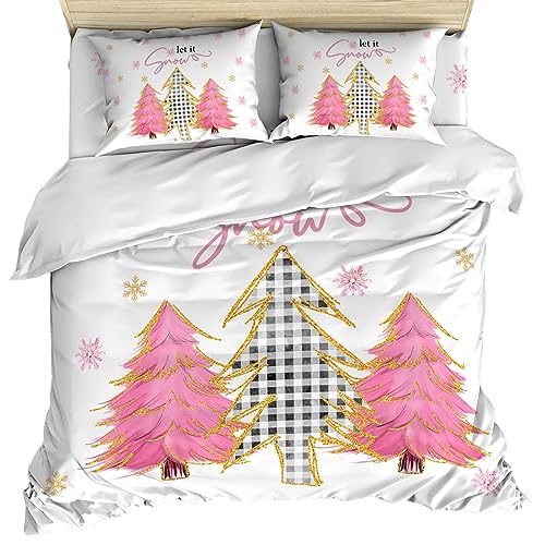 Weihnachtsbaum-Bettbezug-Set, 4-teilig – Bettdecken-/Steppdeckenbezug, 2 Kissenbezüge mit Reißverschluss, bedrucktes Bettlaken mit Schneeflocken und Buffalo-Karo-Design (Rosa-Weiß, Queen) von Generic