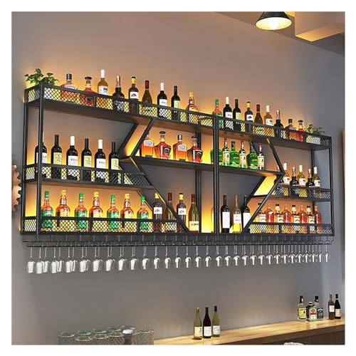 Weinregal 3-stöckiges wandmontiertes LED-beleuchtetes multifunktionales Weinregal Metall-Floating-Regal für Spirituosenflaschen und Weingläser für die Restaurantbar zu Hause (Farbe: B) von Generic