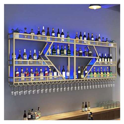 Weinregal 3-stöckiges wandmontiertes LED-beleuchtetes multifunktionales Weinregal Metall-Floating-Regal für Spirituosenflaschen und Weingläser für die Restaurantbar zu Hause (Farbe: G) von Generic