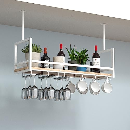 Weinregal Deckenaufhängung Massivholz Weinglashalter mit Leitplanke Weinflaschenhalter Dekoratives Weinglasregal Vintage-Display Weinlagerhalter für Bar Cafe Restaurant Küche (Farbe von Generic