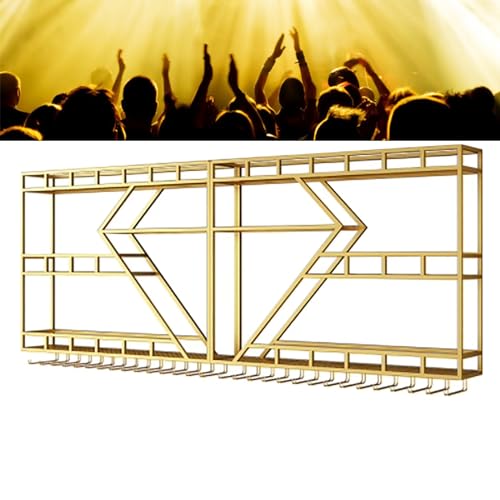 Weinregal Schnapsflasche Display Regal mit LED Licht Metall Wandmontage Metall Schnapsflasche Floating Shelf 3 Tier Hängende Becher für Home Bar Küche Organizer Dekoration (Farbe: Gold Größe von Generic