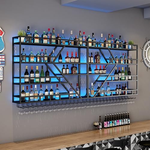 Weinregal Wandmontierte Barregale mit hängendem Weinglasregal Spirituosenflaschenregal mit LED-Licht Schwebende Bar für Weinflaschen Whiskyregal Alkoholschrank für Home Bar Cafe Esszimmer (B von Generic