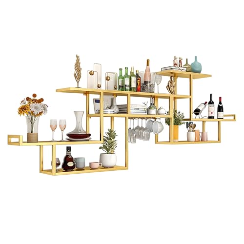Weinregal aus Metall mit Glashalter Industrielles wandmontiertes schwebendes Regal für Spirituosenflaschen Platzsparendes multifunktionales Aufbewahrungsdisplay (Gold 158 cm) von Generic