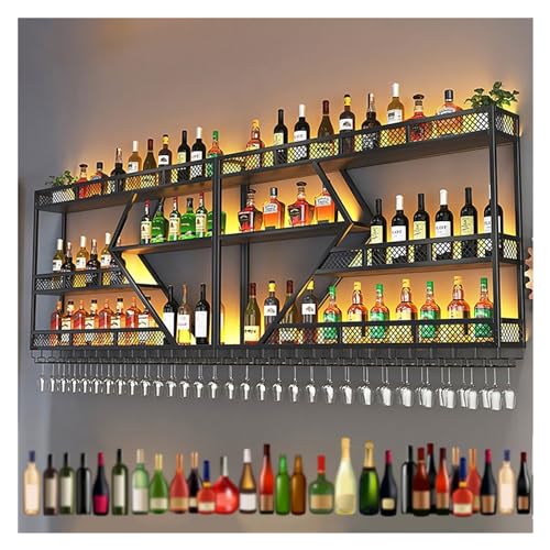 Weinregal mit LED-Licht, schwimmende Regale aus Metall mit Weinglashalter, zum Aufhängen von Alkoholflaschen, industrielle Aufbewahrungshalterungen für Bar und V-Keller Weinregal mit LED-Licht, schwimmende Regale aus Metall mit Weinglashalter, zum Aufhängen von Alkoholflaschen, industrielle Aufbewahrungshalterungen für Bar und V-Keller von Generic