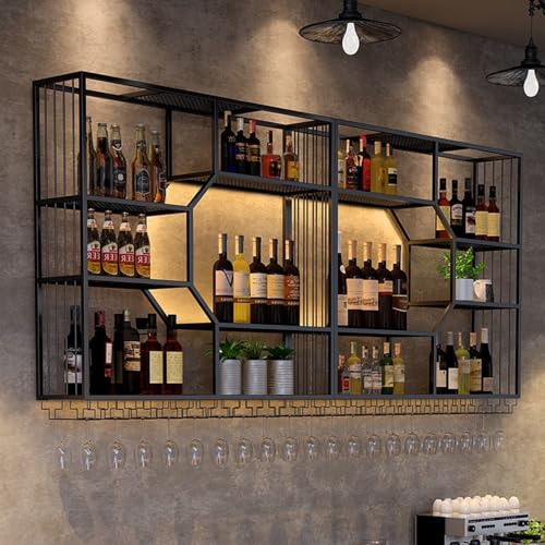 Weinregal zur Wandmontage, Industrielles Eisen-Barregal mit Großer Kapazität for Schnapsflaschen mit LED-Leuchten und Hängendem Kelchregal, Schwarz Weinregal zur Wandmontage, Industrielles Eisen-Barregal mit Großer Kapazität for Schnapsflaschen mit LED-Leuchten und Hängendem Kelchregal, Schwarz von Generic