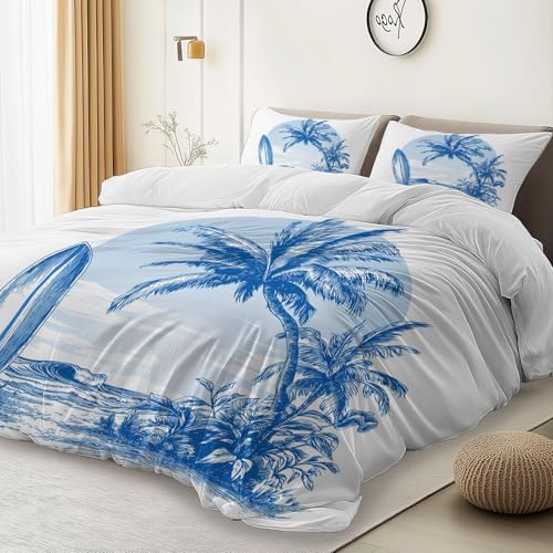 Weiß Bettwäsche-Set für Teenager Erwachsene, Retro Strand Surfen Aufdruck, Weiche Wendedesign 3 Teilig Bettbezug 155 x 200 cm mit Reißverschluss, 2 Kissenbezügen von Generic