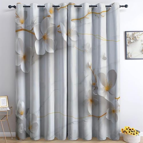 Weiß Gelb Verdunkelungsvorhänge - 3D Blumen Magnolie Marmor Bedruckte Vorhänge - Gardinen Thermovorhang mit Ösen - für Hotels Wohnzimmer Schlafzimmer Kinderzimmer - H260×B140 cm, 2er Set von Generic