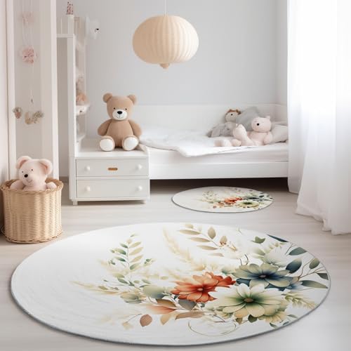Weiß Orange Teppich Rund 100 cm, Waschbare Kurzflor Aquarell Blumen Blätter Bedruckter Pflegeleicht Teppiche - rutschfest Teppich Rund für Schlafzimmer Wohnzimmer von Generic