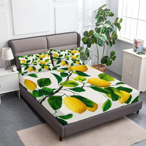 Weiß Spannbettlaken Set 140 x 200 cm, Frucht Zitrone Zitronenbaum Bedrucktes Weiches Spannbetttüche, Microfaser Atmungsaktiv Bettwäsche Tiefe Tasche 30 cm mit 2 Kissenbezügen von Generic