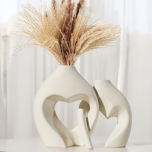 Weiße Keramik Vase Set von 2 für Moderne Wohnkultur, Boho rundes Mittelstück für Esszimmer Tisch, herzförmige Vasen für Blumen, Wohnzimmer Tisch Dekor mit Pampas Gras Vasen von Dnnnii