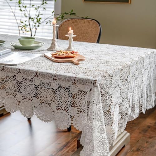 Weiße Spitze Tischdecke Shabby Handgemachte Häkel Tischdecke Weiße Kreis Blume Tischdecke Rechteckige Romantische Tischdecke Weiße Spitze Design Tisch Overlays Für Esstisch, 130 * 160cm von Generic