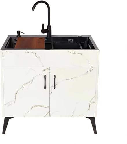 Weißes Utility-waschbecken Freistehendes Waschbecken Gewerbe Mit Abtropfeinheit Und Kalt- Und Warmwasserrohrhahn Für Den Außenbereich Innenrestaurant Garage Wäsc, Round Faucet, 75X45X78CM von Generic