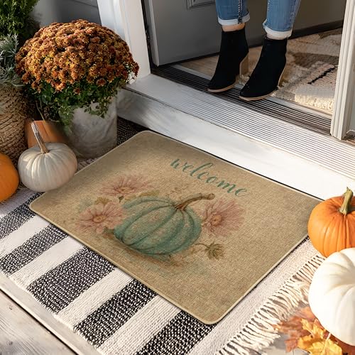 Welcome Pumpkin Fußmatte, blaugrüne Blumen-Fußmatte für Herbst, Innen- und Außendekoration, rutschfest, staubabsorbierend, leicht zu reinigen, 73,2 x 43,2 cm von Generic