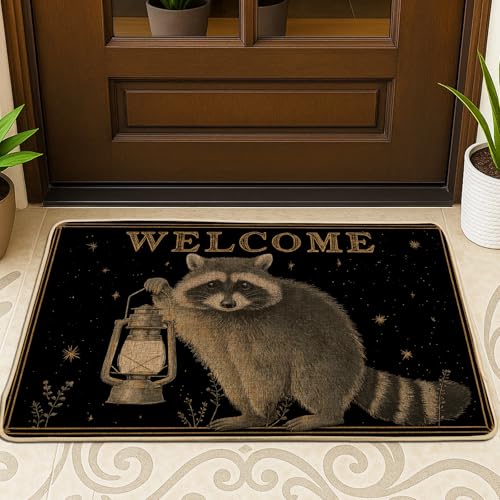 Welcome Waschbär-Fußmatte, schwarzes Laternen-Design für Außen- und Inneneingang, rustikale Dekoration, Gummi, wasserdicht, rutschfest, staubabsorbierend, leicht zu reinigen, 73 x 43 cm von Generic