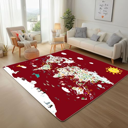 Weltkarte Rot Teppich Läufer 80x150cm – Gemalte Karte Kurzflor Waschbar Teppich, Pflegeleicht, Extra Weich – Für Flur, Küche, Schlafzimmer Teppiche von Generic