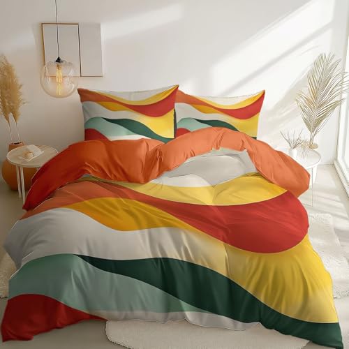 Wendbare Bettbezug 135 x 200 cm, Abstrakt Retro Linien Bedruckte Bettbezüge mit Reißverschluss und 80x80cm Kissenbezug, Orange Farbe Waschbar Mikrofaser Bettwäsche Einfach und Pflege von Generic