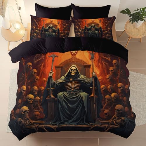 Wendbare Bettbezug 135 x 200 cm - Gothic Totenkopf Sensenmann Bedruckte mit Reißverschluss Bettwäsche-Sets, Schwarz Waschbar Mikrofaser Bettwäsche für Kinder Teenager Erwachsene Schlafzimmer von Generic