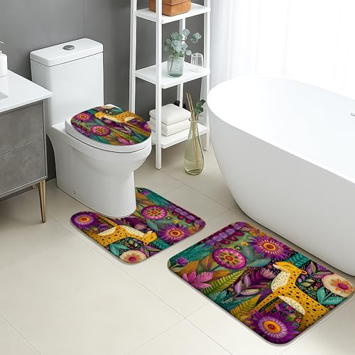 Wildlife Badezimmermatten-Set, 3-teilig, lebendiges florales Tier-Design, saugfähig, rutschfest, WC-Vorleger, U-förmig, waschbar, tropisch, exotisch, schnell trocknend, Memory-Schaum von Generic
