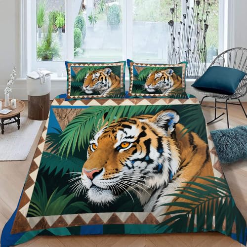 Wildtiertiger Bettwäsche 220x240 cm Tropische Pflanze 3D Bettbezug Weich Mikrofaser mit Reißverschluss und 2 Kissenbezug 50x75 cm (Dx8498) von Generic