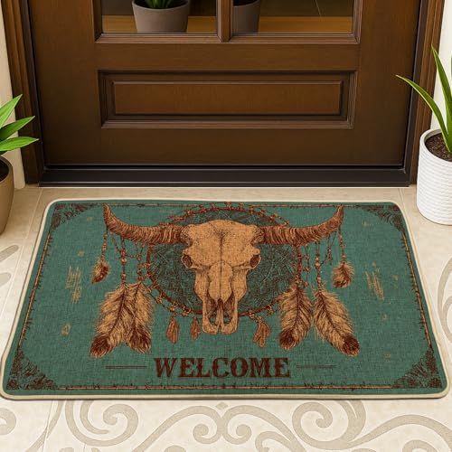 Willkommens-Fußmatte im Western-Stil, blaugrüne Totenkopf-Fußmatte für Innen- und Außenbereich, rustikale Dekoration, Gummi, wasserdicht, rutschfest, staubabsorbierend, leicht zu reinigen, 73 x 43 cm von Generic