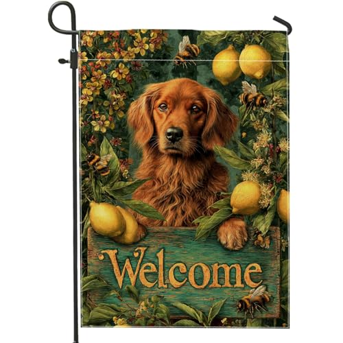 Willkommens-Hunde-Gartenflagge, Golden Retriever, Zitrone, Blumen-Banner, doppelseitige Jute, Outdoor-Dekoration für Frühling, Sommer, Heimdekoration, 30,5 x 45,7 cm von Generic