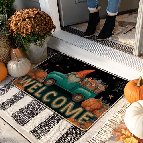 Willkommens-Wichtel-Fußmatte, blaugrün, Vintage-LKW für Herbst und Halloween, Gummi, wasserdicht, rutschfest, staubabsorbierend, pflegeleicht, 73,2 x 43,2 cm von Generic