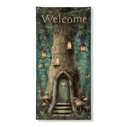 Willkommensbaum-Türabdeckung, Banner, Dekoration, verzauberte Waldfee, Herbst-saisonale Dekoration für drinnen und draußen, magische Laternen und Natur-Design, 91,4 x 183,9 cm von Generic