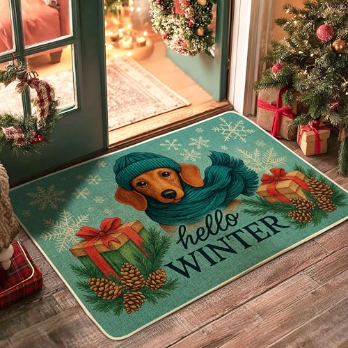 Winter-Fußmatte, Dackel-Eingangsmatte für saisonale Urlaubsdekoration, Gummi, rutschfest, staubabsorbierend, leicht zu reinigen, 73,2 x 43,2 cm von Generic