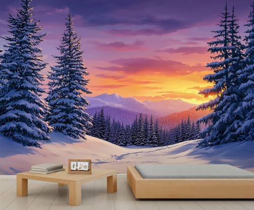 Winter Landschafts Tapete Sonnenuntergangslandschaft Wandbild Kiefernbaum Mädchenzimmertapete Bergtapete für Wohnzimmer Schlafzimmer Wandbild Poster 490 X 350 cm von Generic