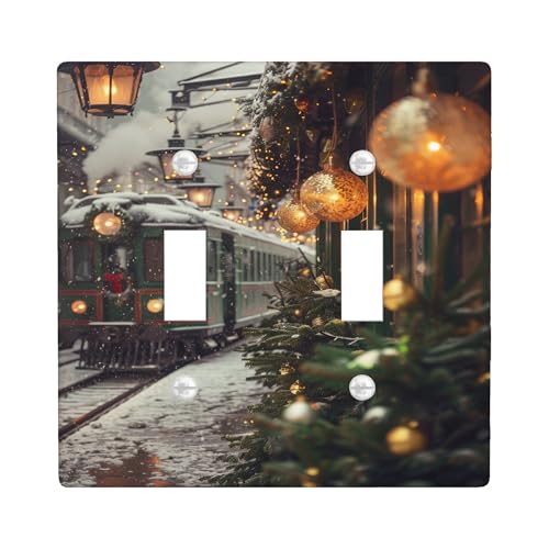 Winterzug Lichtschalter-Abdeckplatte/Steckdosenabdeckungen, grüner Vintage-Zug mit Weihnachtsbeleuchtung, Thermoplastische Wandplatten, Standardgröße Doppelknebel von Generic
