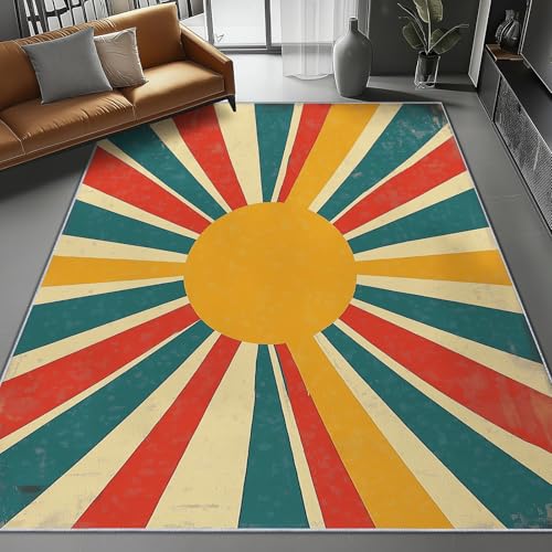 Wohnzimmer Teppich, Retro Linien Poster-Stil Muster - Waschbar Rutschfester Teppichs, für Schlafzimmer Esszimmer weicher Kurzflor Teppich - (Mehrfarbig, 80 x 150 cm) Mit Antirutschunterlage von Generic