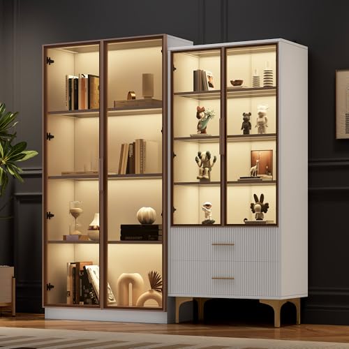 Wohnzimmerset 2 Glasvitrinen mit LED-Beleuchtung verstellbaren Einlegeböden Sideboards Doppeltürige Lagerschränke Vitrinen Farbgebung in Platin Highboards Weiß von Generic