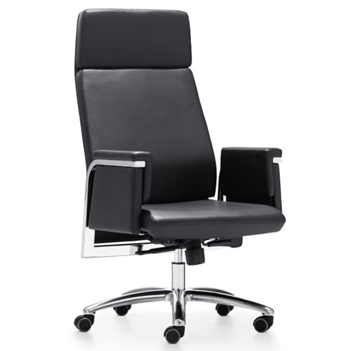 Wohnzimmerstuhl aus Echtem Leder mit Hoher Rückenlehne, Aluminium-Drehfuß, Gaslift-Verstellbarer Computer-Drehstuhl mit Lendenwirbelstütze und Armlehne, Mid-Century Modern-Stil(Black) von Generic