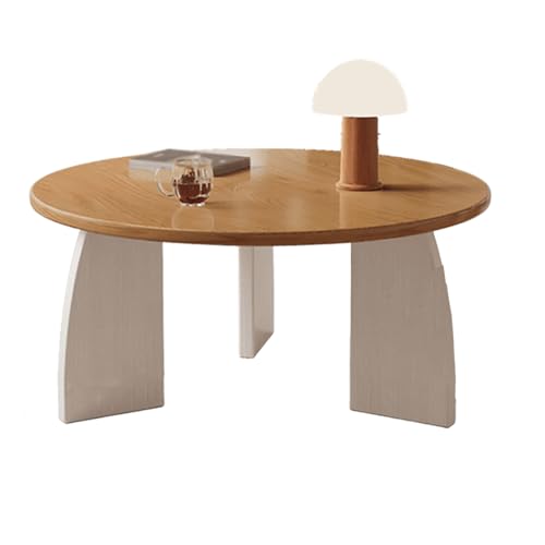 Wohnzimmertisch Mittelalterlicher Stil Rund Verdicktes Massivholz Stubentisch Breite Tischplatte Elegante Massivholzbeine Couchtisch für Wohnzimmer, Schlafzimmer(White,70 * 42cm) von Generic