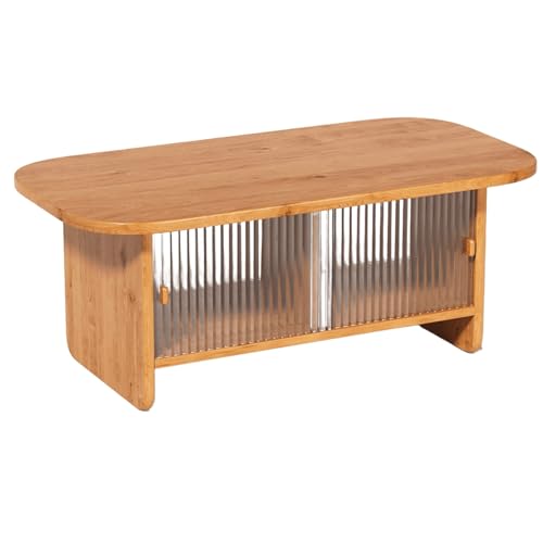 Wohnzimmertisch Rechteckig Vintage-Stil Massivholz Couchtisch Großer Stauraum Doppelte Glasschiebetür Platzsparend Stubentisch für Wohnzimmer, Balkon und Büro(Brass,120x60x45cm) von Generic