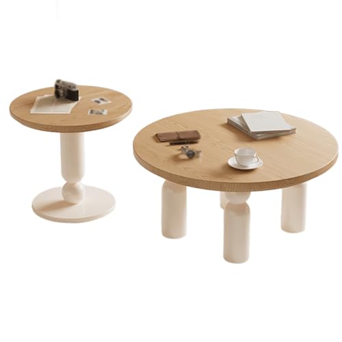 Wohnzimmertisch Rund Vintage-Stil Massivholz Couchtisch und Beistelltisch-Set Dicke Wasserfeste Platte Dicke Beine Abgerundete Ecken Stubentisch für Wohnzimmer, Balkon und Büro(Metallic) von Generic