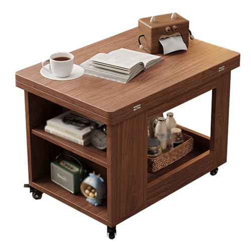 Wohnzimmertische mit Feststellbaren Lenkrollen Massivholz-Mehrschichtplatte Beweglicher Klappbarer Couchtisch Großer Stauraum Platzsparend Stubentisch für Wohnzimmer, Balkon(Brown) von Generic