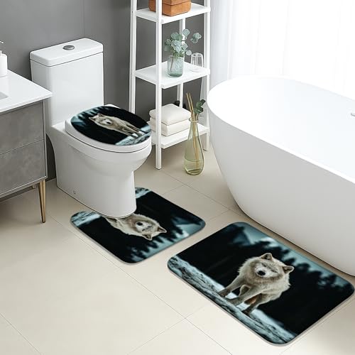 Wolf Badezimmermatten-Set, 3-teilig, arktisches Grau, Waldtiere, saugfähig, rutschfest, WC-Vorleger, U-förmig, waschbar, für den Winter, Outdoor, schnell trocknender Memory-Schaum Wolf Badezimmermatten-Set, 3-teilig, arktisches Grau, Waldtiere, saugfähig, rutschfest, WC-Vorleger, U-förmig, waschbar, für den Winter, Outdoor, schnell trocknender Memory-Schaum von Generic
